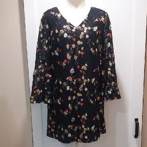 Tahari Black Lace & Sequin Embroidered Floral Long Sleeve Dress